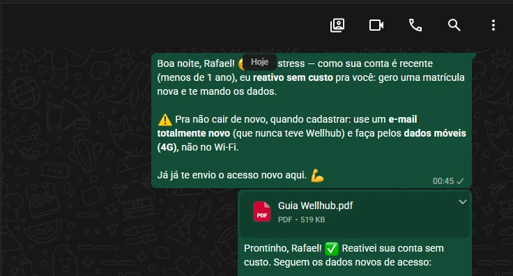 Print de conversa no WhatsApp: o atendimento confirma — “Prontinho, Rafael! Reativei sua conta sem custo” — junto com o Guia Wellhub em PDF. Dados de acesso e de contato ocultados.